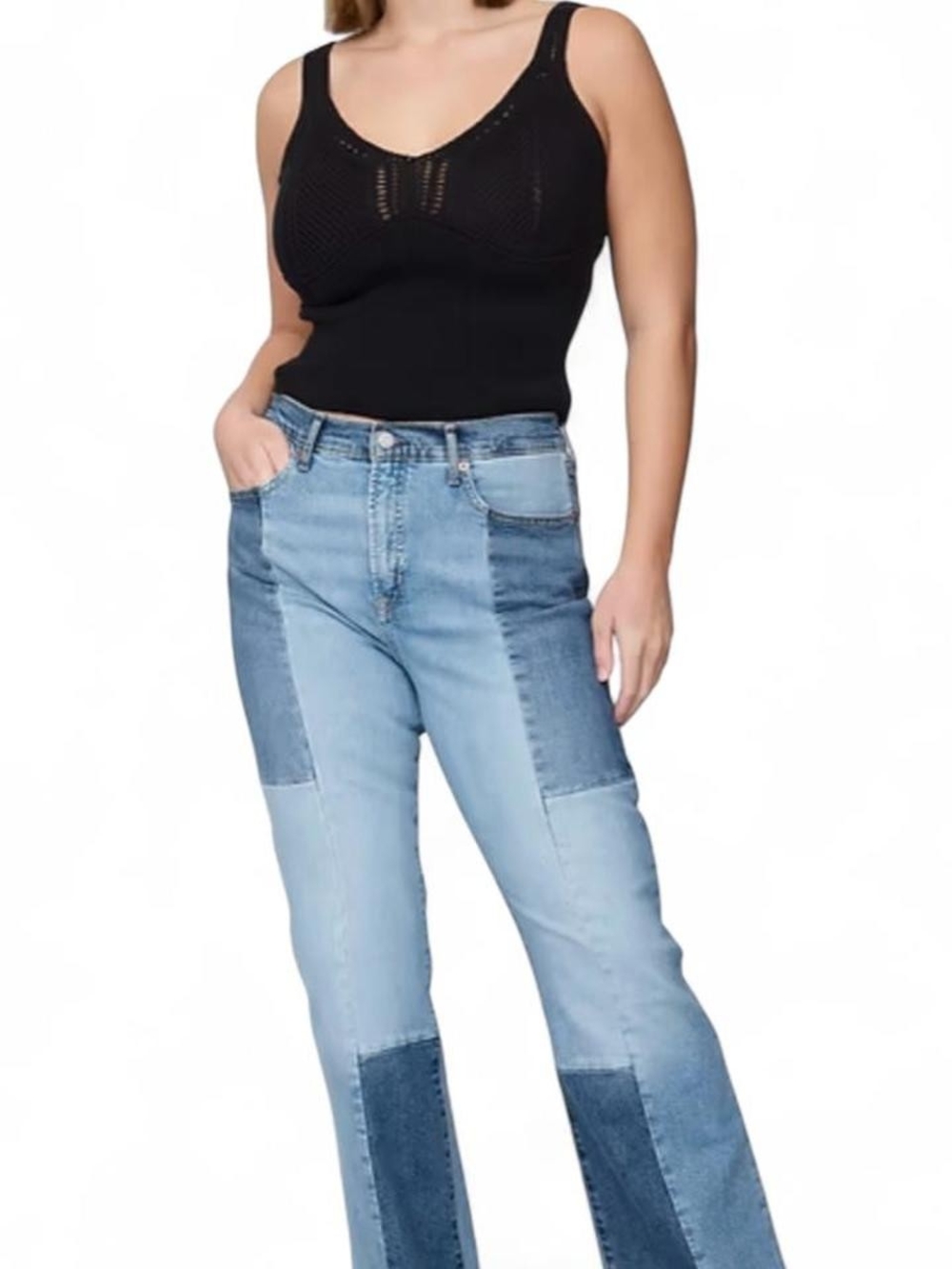 GAP Two-Tone Patchwork Flare Jeans - Light Blue & Dark Blue